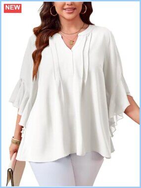 Plus Size Chiffon Blouse 3/4 Ruffle Sleeve V-Neck Tunic Top